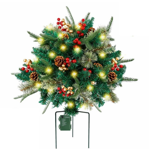 WMGHA Lighted Artificial Christmas Urn Filler, Pre-lit Xmas Pine Trees with Cones, Golden & Red Berries, Tripod Stake and LED Lights, Outdoor Light Up Planter Filler Holiday Home Decor