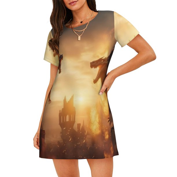 Fotbe Castle Cool Fire Dragon Bata de Dormir para Mujer con Estampado, Camisón de Algodón de Manga Corta, Ropa de Dormir Casual