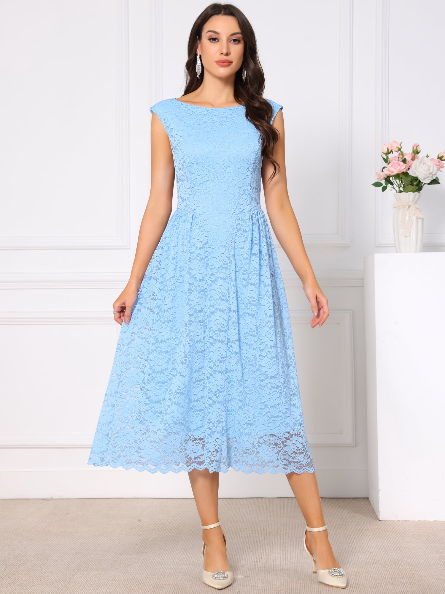 DARING DIVA Women's Boat Neck Vintage Formal Wedding Guest Lace Dress L Sky Blue