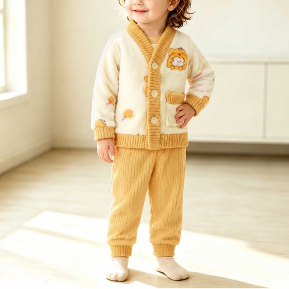 Amidoa Girls 2 Piece Outfits Fall Winter Clothes Print Fleece Long Sleeve Top and Jogger Pants Kids Clothing Sets Yellow Size 0-1 Years