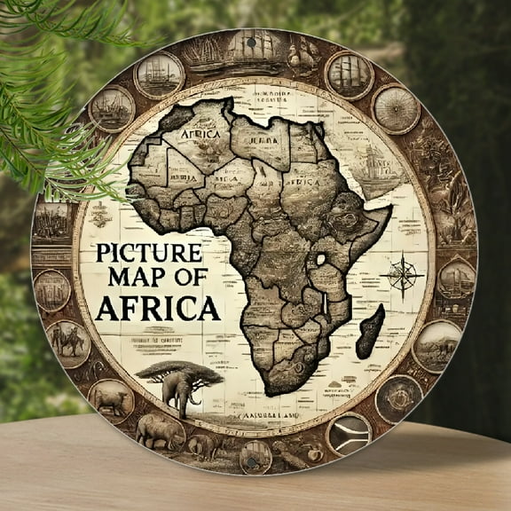 1pc Vintage Wooden Africa Map Wall Art, Rustic Round Unfinished Metal Sign, Farmhouse Style Hanging Decor, Ideal for Wreath Centerpiece, Home & Outdoor Decoration, with Gift for Friends Round Shaped