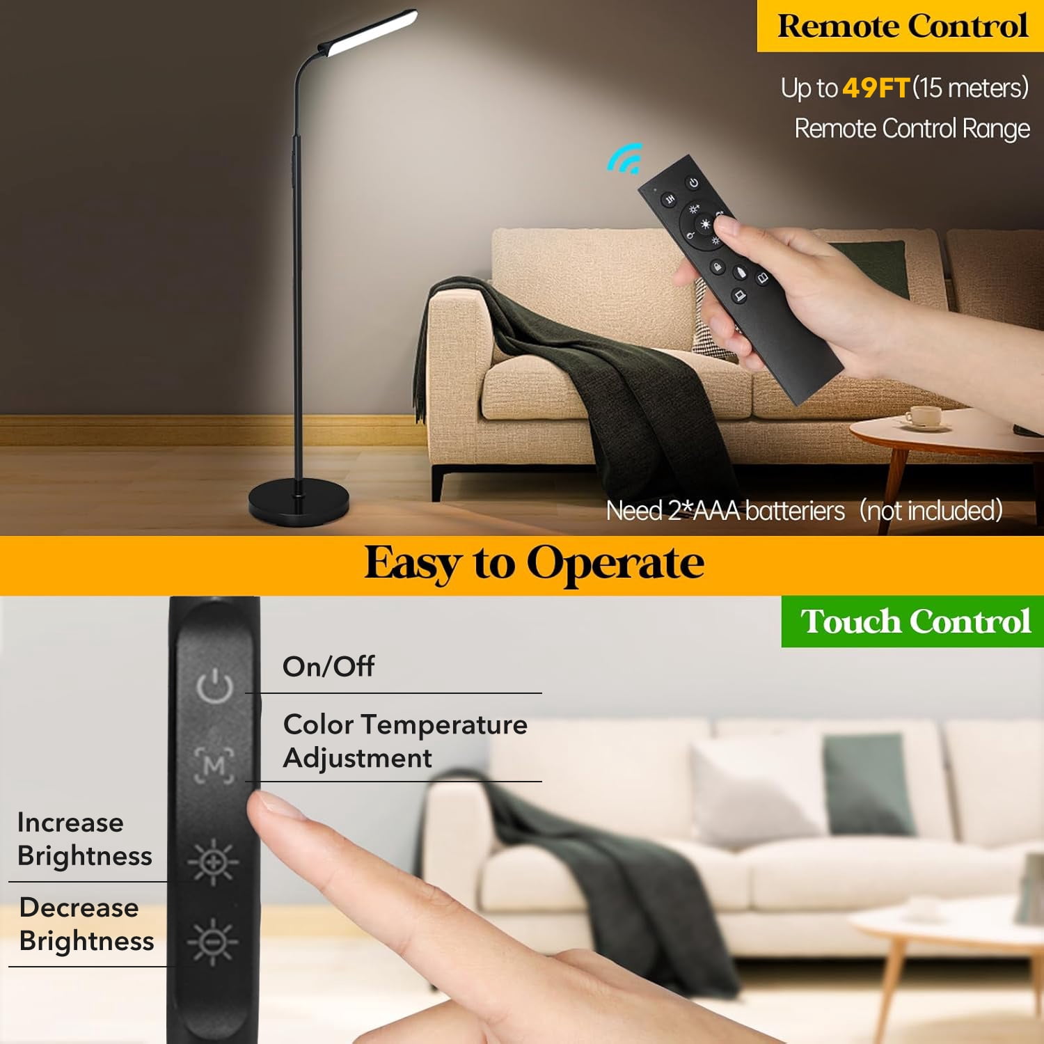 BN-LINK Floor Lamp with Timer, Standing Lamp with Remote and Touch Control, Stepless Adjustable Brightness & 3 Color Temperature, Tall Lamp for Living Room, Bedroom, Office