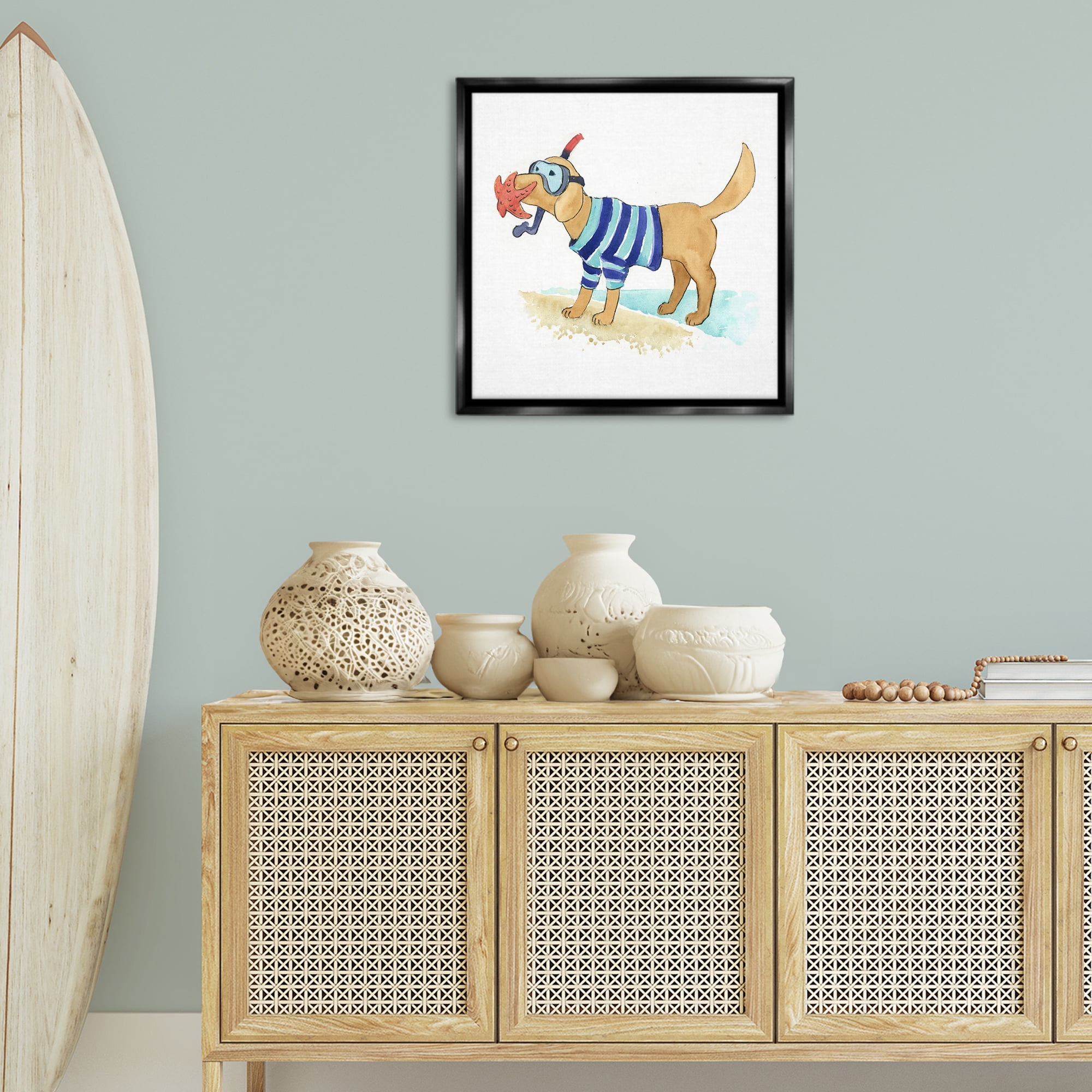 Stupell Industries Sandy Dog with Snorkel Animals Painting Black Floater Framed Canvas Art Print Wall Art, 25 x 25