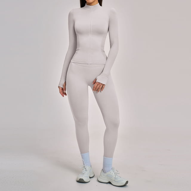 Top-kevin 2 Piece Seamless Ribbed Workout Sets With Zip Up Jacket High Waisted Gym Yoga Leggings
