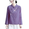 thumbnail image 3 of Dazajoo Vintage Floral Embroidery Cotton Linen Tops for Women Chinese Frog Button Long Sleeve Loose Casual Blouses Shirts,Purple,XXXL, 3 of 4