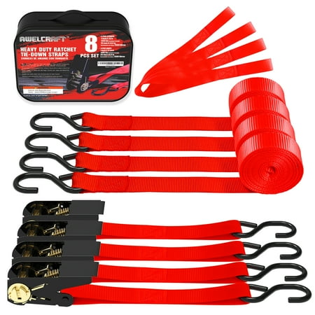 

AWELCRAFT Ratchet Straps 1500 lbs Breaking Strength - Premium 4X 15ft Tie Down Strap Set 4X Soft Loops for Moving Appliances Lawn Equipment Motorcycle (Red)
