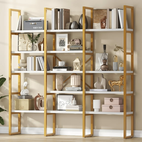 Casendy 71" Tall Bookcase with Metal Frame, 5-Tier Modern Bookshelf Display Large Storage Shelf for Bedroom, Living Room Furniture, Gold