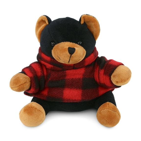 DolliBu Super Soft Black Bear Stuffed Animal with Plaid Red Hoodie Sweater - Cute Black Bear Plush Lumberjack Stuffed Toy with Plaid Jacket Dress Up for Christmas, Holiday, Winter - 6 Inches