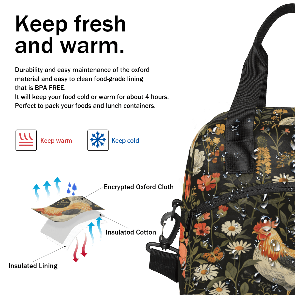 Herdesigns Chicken Cocks and Hens Rooster Insulated Lunch Bag for Women Men Adults Large Reusable Lunch Box Farm Animal Leakproof Cooler Tote Bags with Adjustable Shoulder Strap