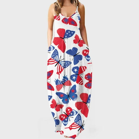 

Hvyesh 4th of July Dresses for Women Plus Size Summer Maxi Dress Patriotic Pattern V Neck Sundresses Vacation Sleeveless Soft Dresses 2023 Hot Pink