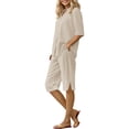 thumbnail image 3 of GILIGEGE Linen Sets for Women 2 Piece Summer Womens Daily Casual Solid Long Sleeve Shirt Tops Pockets Pants Shirt Trousers Set Tracksuit Lounge Matching Sets Beige L, 3 of 9