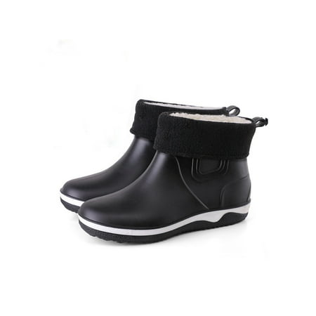 

Avamo Mens Rain Boots Flat Garden Shoes Slip On Ankle Bootie Men s Waterproof Round Toe Pure Black Plush Lined 7.5