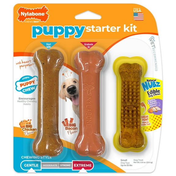 Nylabone Puppy Chew Starter Kit Chew Toy with Nubz Chew Treat Chicken, Bacon, & Turkey & Sweet Potato Small (3 Count)