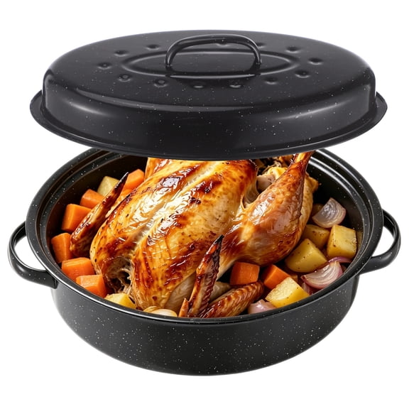 Granite Roasting Pan with Lid, 16.1x10.5" Enamel Oval Turkey Roaster, Covered Baking Pan with Handles, Medium Cookware for Turkey, Ribs, Ham, Vegetables, Brisket
