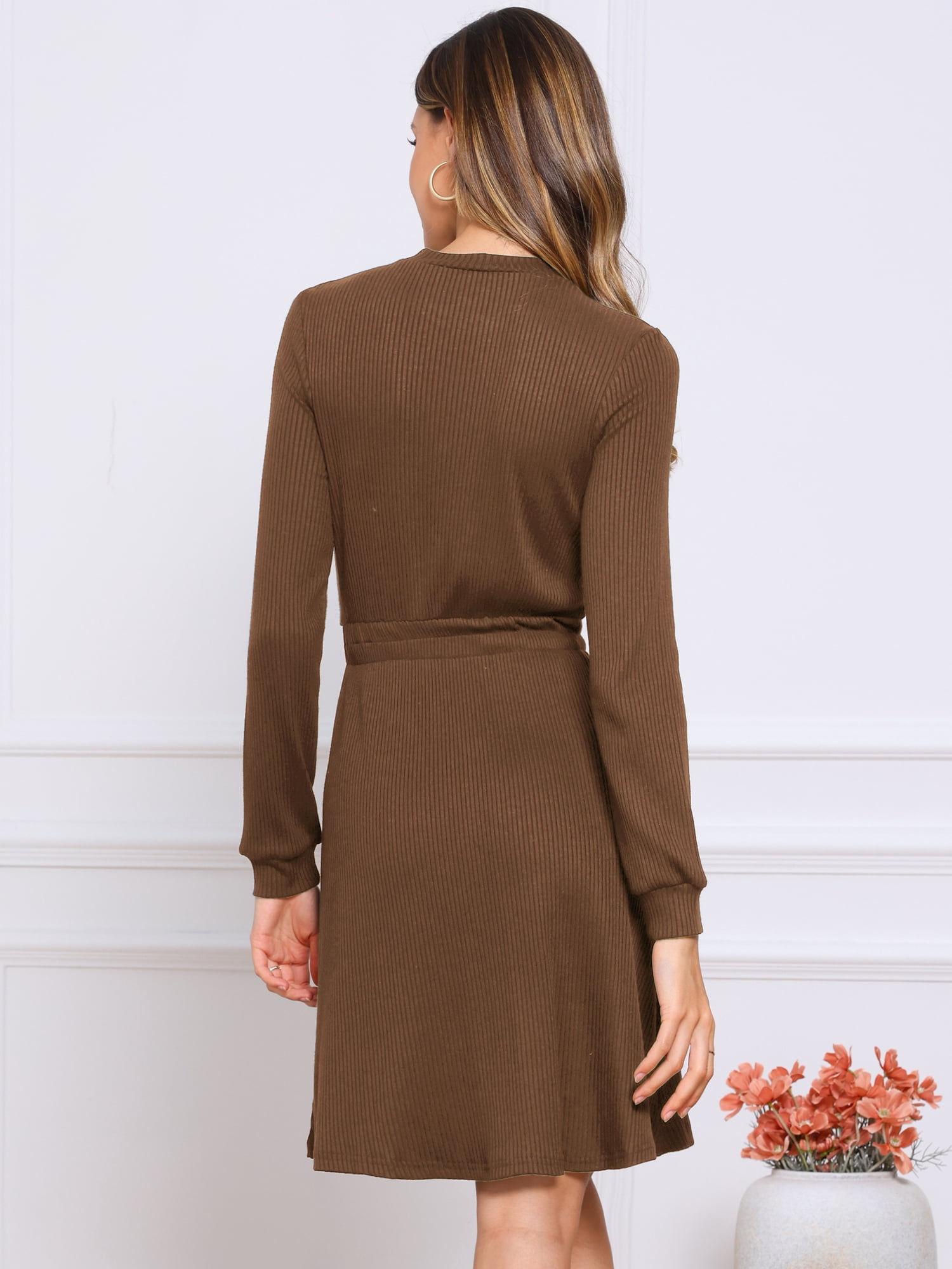 DARING DIVA Women's Long Sleeve Fall A-Line Ribbed Knit Crew Neck Dress L Brown