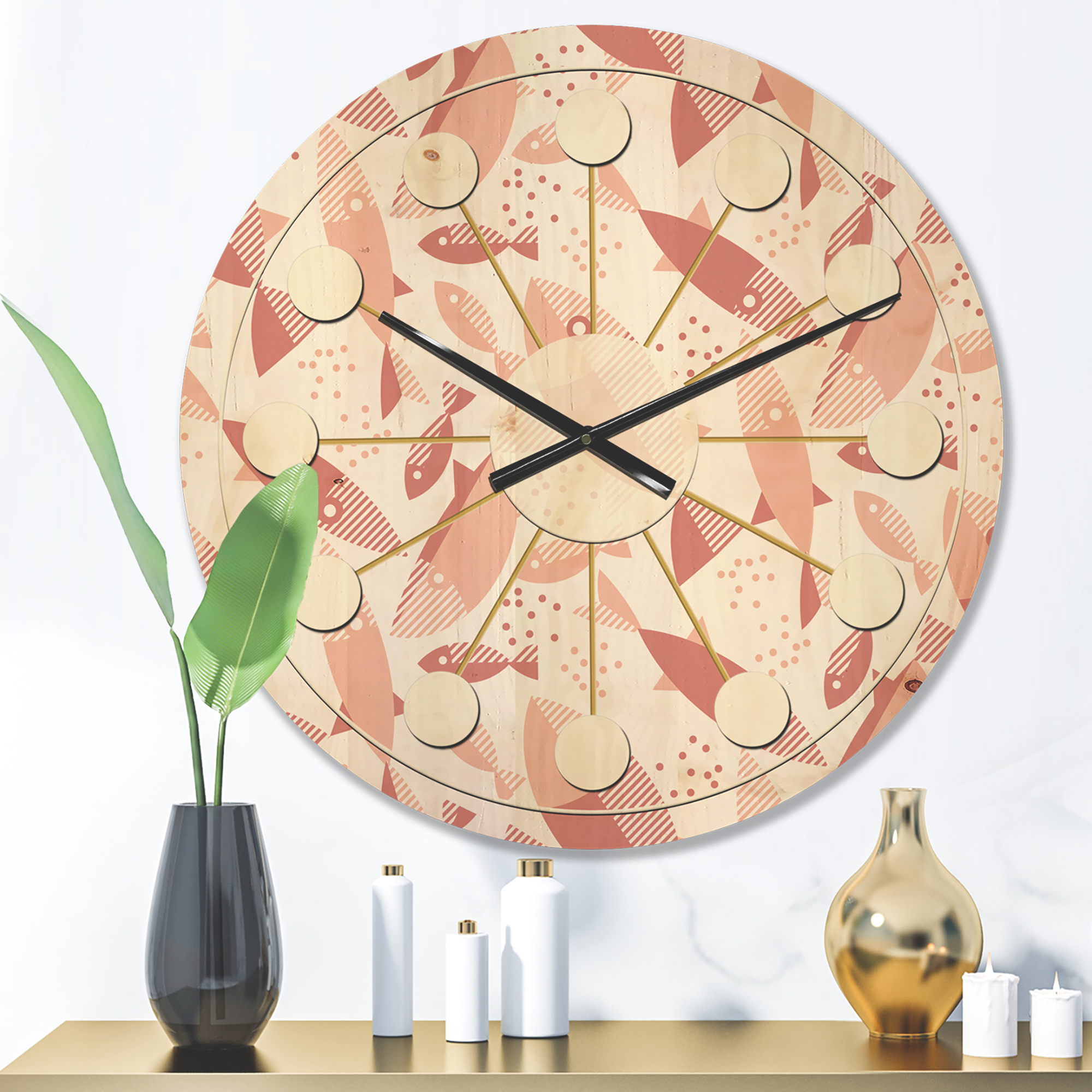 Designart 'Pink Fishes Retro Pattern' Mid-Century Modern Wood Wall Clock