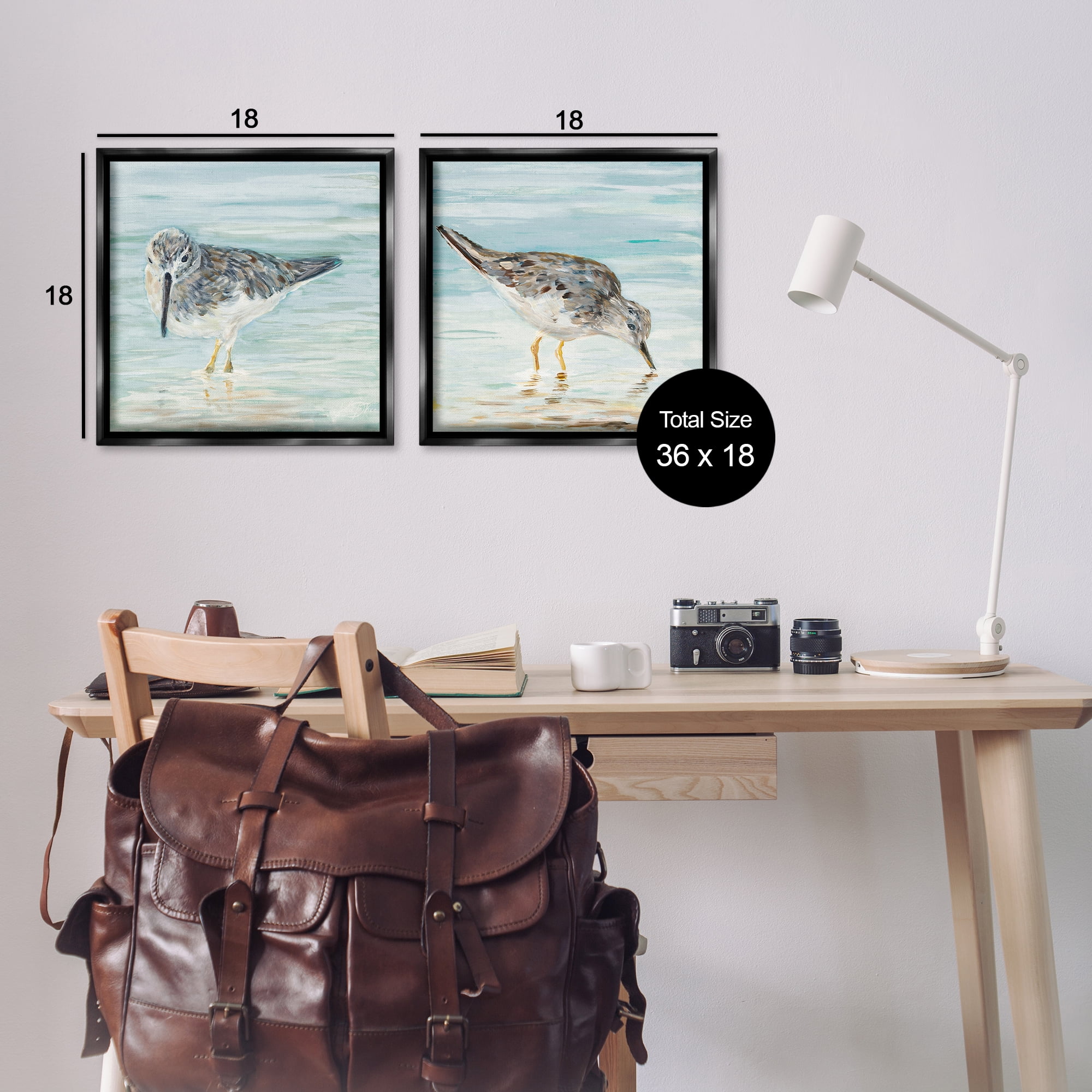 Stupell Industries Piping Plover Shoreline Birds Animals Painting Black Floater Framed Canvas Art Print Wall Art, 18 x 18, Set of 2