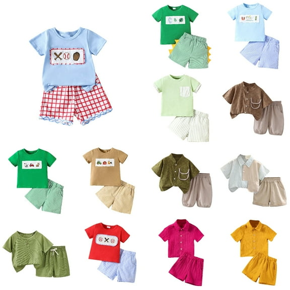 Antinious Toddler Casual Fashion Short Sleeve Round Neck Top Elastic Waist Plaid Shorts Solid Color Outfit Set,Outfits for Kids,Boys Girls Sleepwear Set,Hot Pink,110