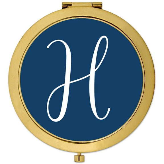 Koyal Wholesale Gold Compact Mirror Bridesmaid's Wedding Gift, Navy Blue, Monogram Letter H, 1-Pack