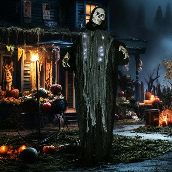 Outsunny 60" Life Size Outdoor Halloween Decorations Animated Grim Reaper with Sound and Motion Activated, Light Up Eyes and Rib Cage, Spooky Scream, Thunder and Lightning Sounds