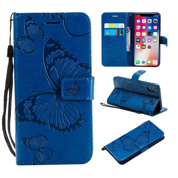 iPhone XR Wallet case, Pretty Retro Embossed Butterfly Flower Design PU Leather Book Style Wallet Flip Case Cover for Apple iPhone XR 6.1", Blue