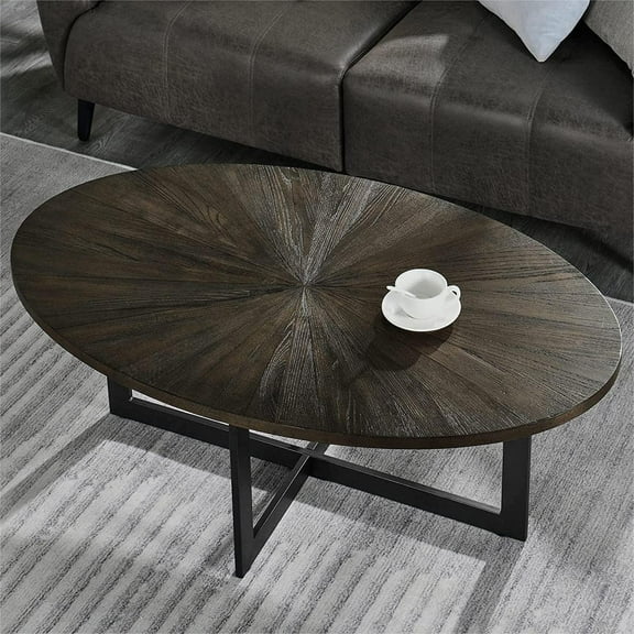 JESONVID Solid Wood Oval Coffee Table with Cross Metal Legs, 47.9" Industrail Bar Cocktail Table for Living Room Kitchen Office Sofa Table Bristro Table for Cafe/Bar Black 1831BK