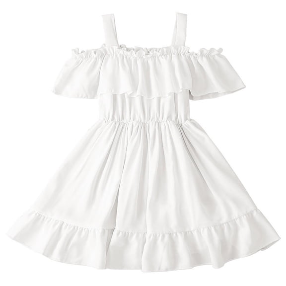 HBGVBA Toddler Girls Off-the-Shoulder Midi Dress,Summer Elastic Waisted Sundress,Toddler 1-5 Years Solid Color Off-the-Shoulder Ruched Ruffled Hem Dress Crew Neck