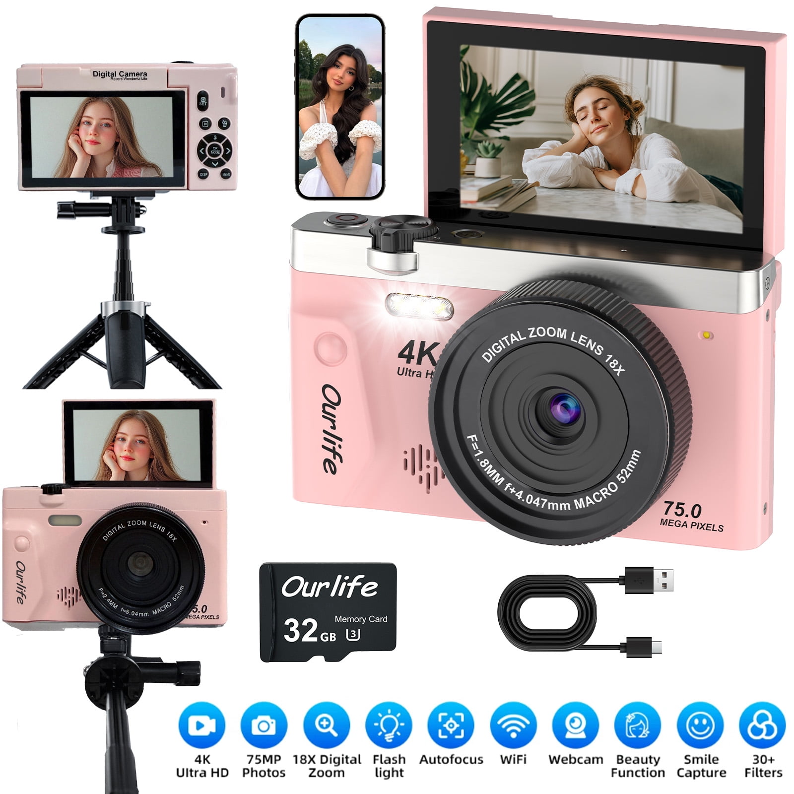 Ourlife 4K 75MP Digital Camera for Photography, Autofocus Vlogging Camera with 18X Zoom, 3" Flip Screen,pink