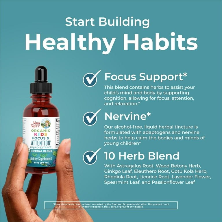MaryRuth's | USDA Organic Nootropic Supplement for Kids | Focus & Attention Liquid Drops | Ginkgo Biloba & Astragalus | Vegan, Non-GMO | 30ml