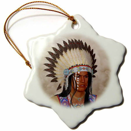 3dRose A face Indian with war bonnet portrait, Snowflake Ornament, Porcelain, 3-inch