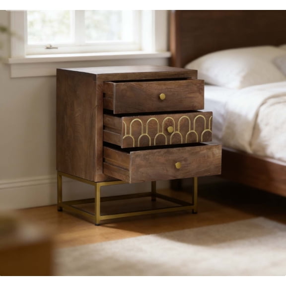 Solid Wood Antique Nightstand, Vintage Farmhouse Bedside Tables with 3 Drawers, Mango Wood & Gold Trim, Quick Assembly