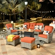 Ovios High-Back Outdoor Patio Furniture with Fire Pit 7 Pieces All Weather Wicker Conversation Furniture with Rocking Swivel Chair for Backyard