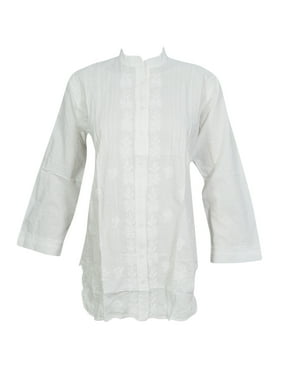 Mogul Women Embroidered Blouse Button Up Bohemian White Summer Blouse