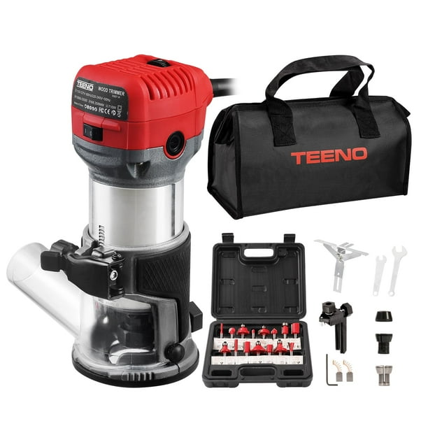 Enrutador de madera TEENO de 1,25 HP, 6,5 A, 13000-33000 RPM con juego de 15 brocas