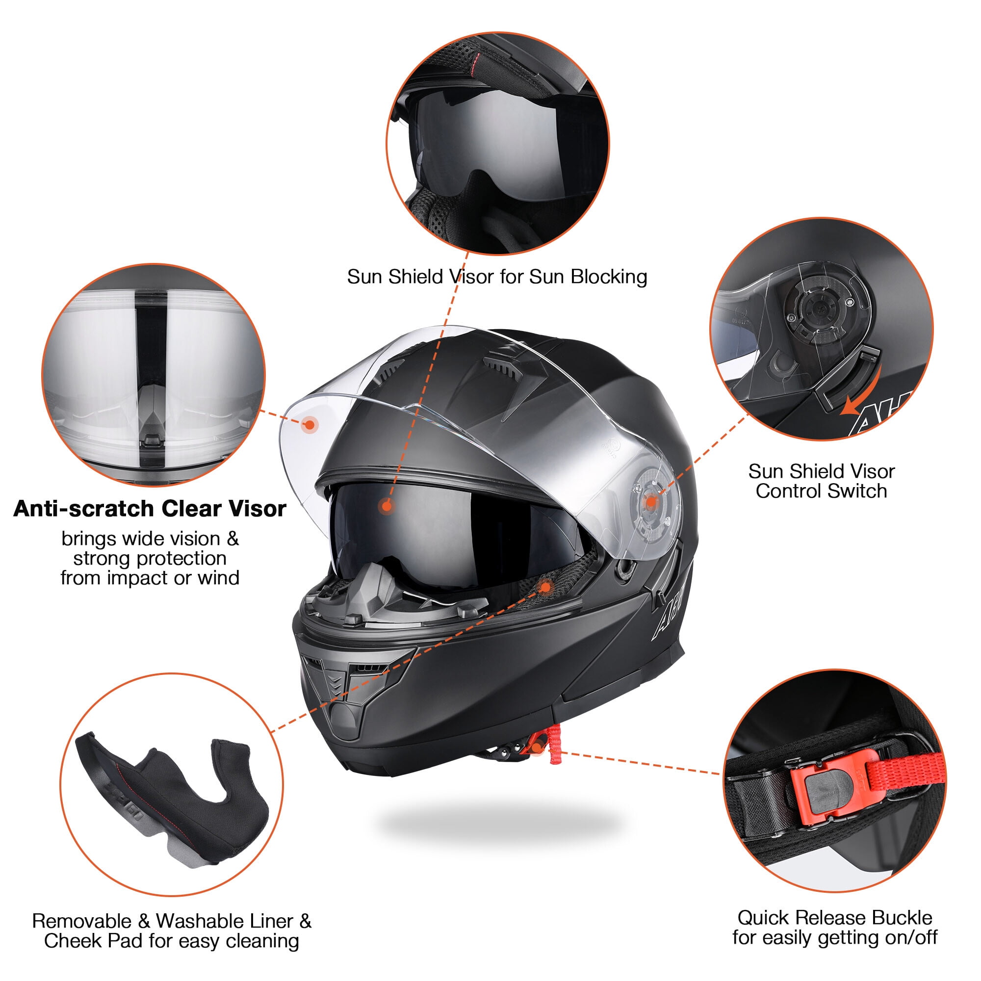 AHR RUN-M3 Modular Flip Up Helmet Full Face Dual Visor DOT Motorcycle Bike S