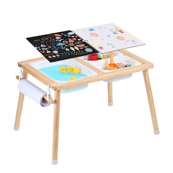 Sensory Activity Table with Foldable Bins, Sand&Water Play Station for Indoor/Outdoor Use, Wooden Drawing Table with Paper Roll Holder, Perfect Gift for Toddlers