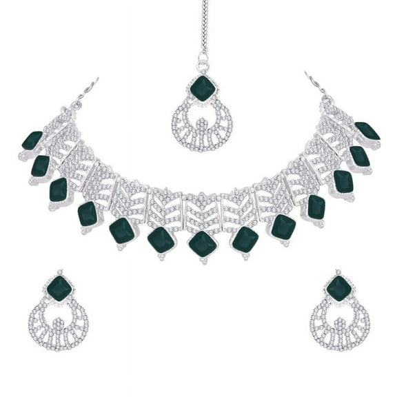 Parshwa Creations Exquisite Indian Bollywood Wedding Silver Plated Choker Necklace Set