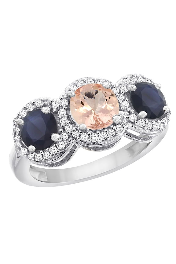 10K White Gold Natural Morganite & High Quality Blue Sapphire Sides Round 3-stone Ring Diamond Accents, size 10