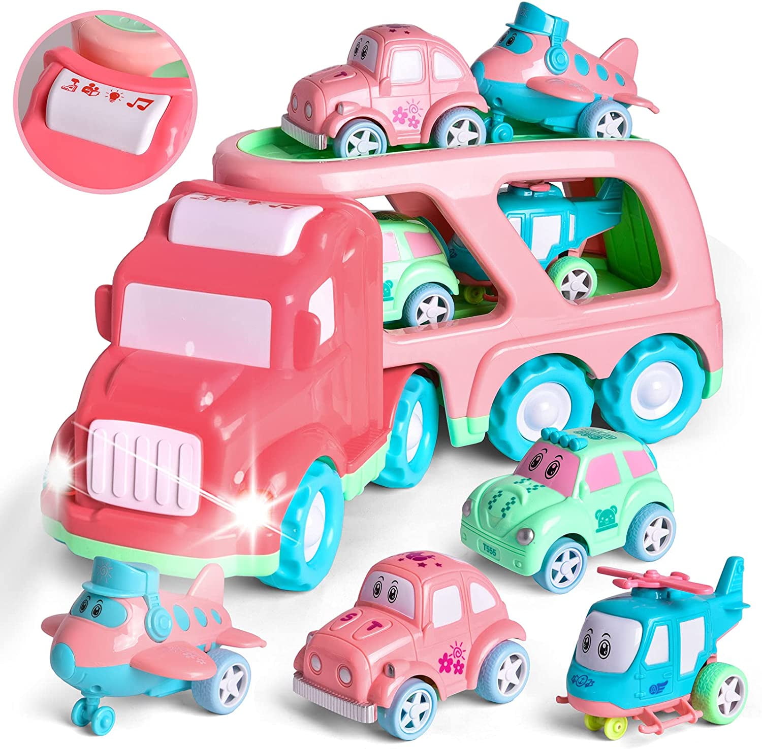 Fun Little Toys 5PCs Cartoon Vehicles Car Carrier Truck Pink Toy for