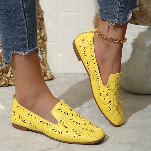 XUNKUSGA Womens Flats Comfortable Soft Pu Leather Womens Slip On Shoes with Breathable Eyelets Vintage Soild Color Casual Low Round-Toe Dress Shoes,Yellow,5.5