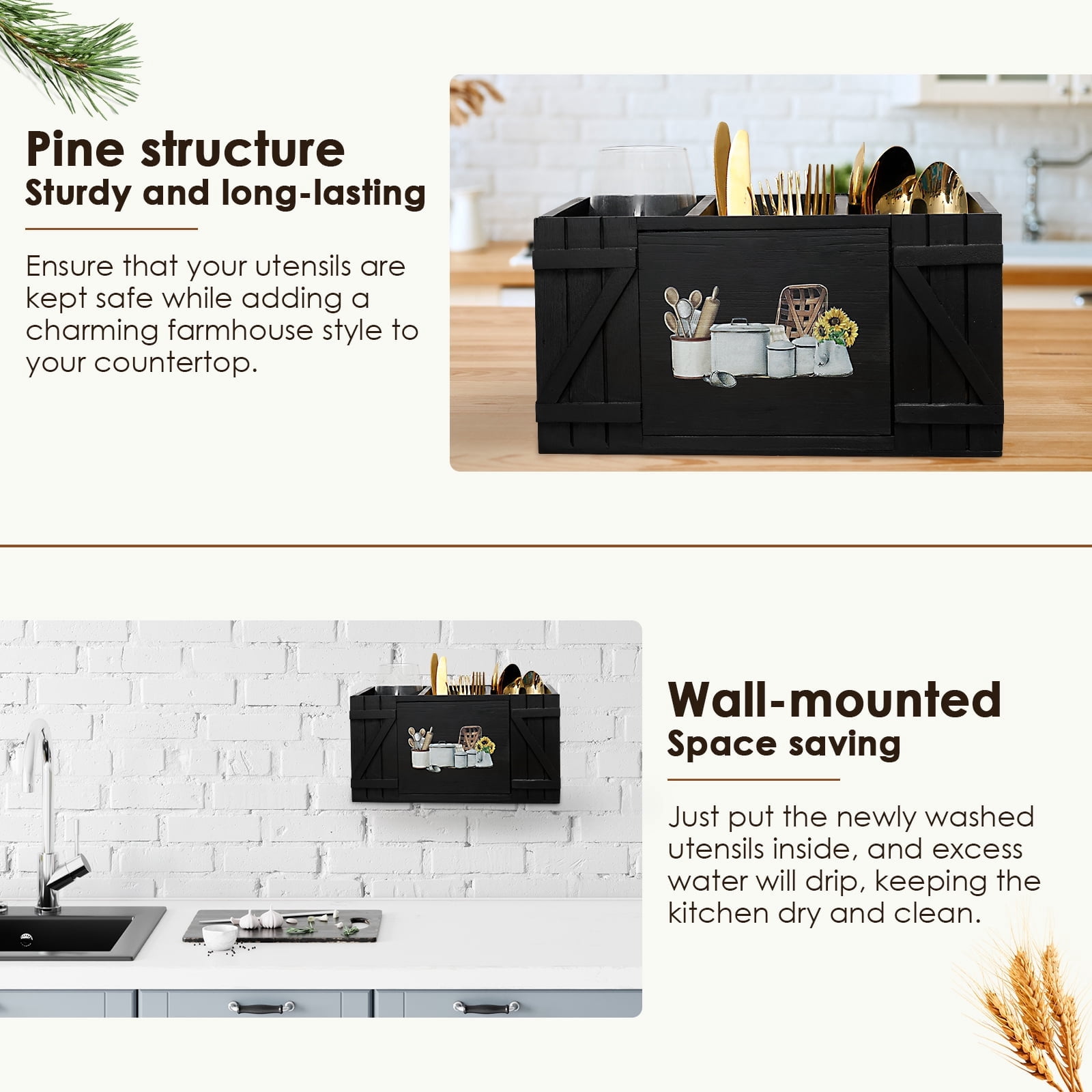 Tzdxfgl Wood Kitchen Utensil Holder for Countertop, Silverware Organizer with 3 Compartments, Large, Black Sunflower