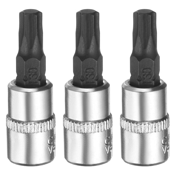 Uxcell 3pcs T30 Torx Bit Socket 1/4" Square Drive Star 6 Point Extension Impact Bit Power Nut Driver Set S2 & CR-V Steel Socket Ratchet Wrench Bits, Silver Black