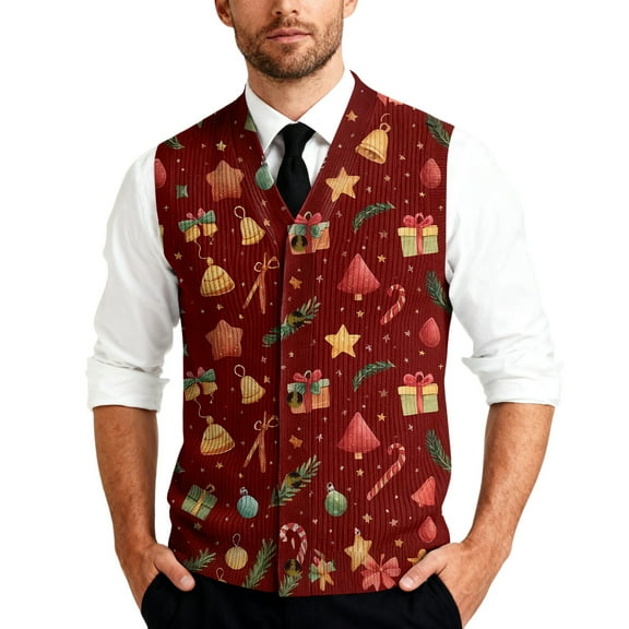 Resicozy Mens Christmas Sweater Vest Funny Xmas Print Holiday Vests V-Neck Casual Cardigan Vest Wine 2 2XL