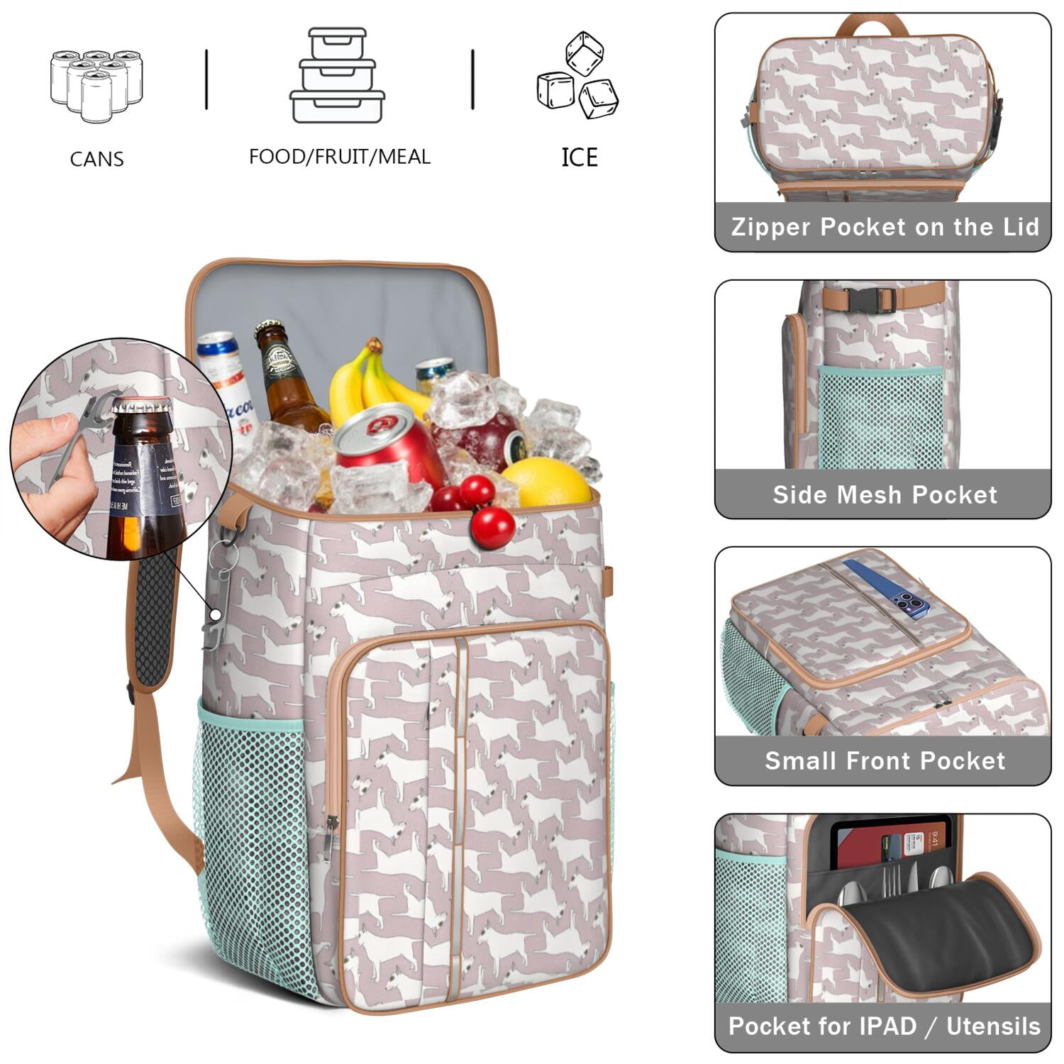 Travel Cooler Bag - Vintage Bull Terrier Camping Beer Cooler Backpack with Bottle Opener- Waterproof Insulated Picnic Backpacks - Cooler Bag for Beach