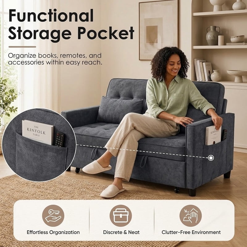 3-in-1 Convertible Sofa Bed with USB Charging Ports, Pull-Out Sleeper Sofa with Adjustable Backrest and Side Pocket, Compact Loveseat Couch for Living Room, Apartment, Dorm