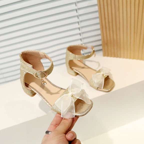 ZunFeo Girls Gold Glitter Sandals with Bow Low Block Heel Open Toe Princess Party Shoes Adjustable Ankle Strap US 10-2.5,Size 12