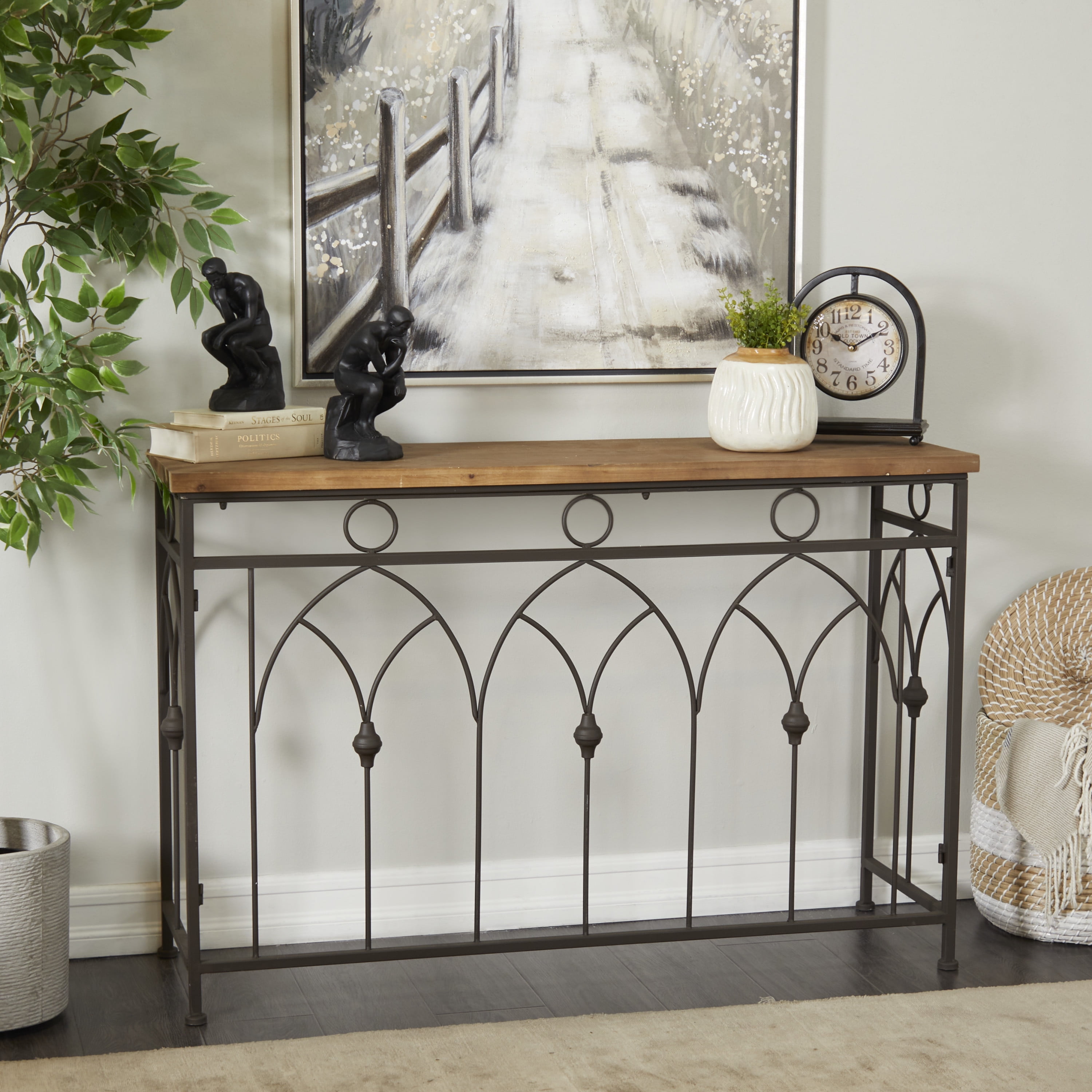 DecMode 46" x 31" Brown Metal Console Table with Brown Wood Top, 1 ...