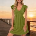 thumbnail image 5 of Xdegoge Mini Dress for Women A-Line Fit Short Flutter Sleeve V-Neck Sun Dresses Solid Color Empire Waist Casual Dress Spring Summer Holiday, 5 of 5