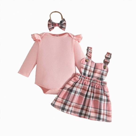 Xyant Baby Girl Clothes Fall Winter Outfit Long Sleeve Ruffle Romper Plaid Skirt Bow Headband 3 Pcs Set 0-18 Months