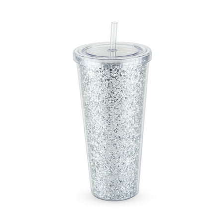 Blush Glam Silver Double Walled Glitter 24oz Tumbler | Reusable, Leak-Proof, Travel, Clear Plastic, Slim, Iced Coffee Cup, Screw-On-Lid, and Straw